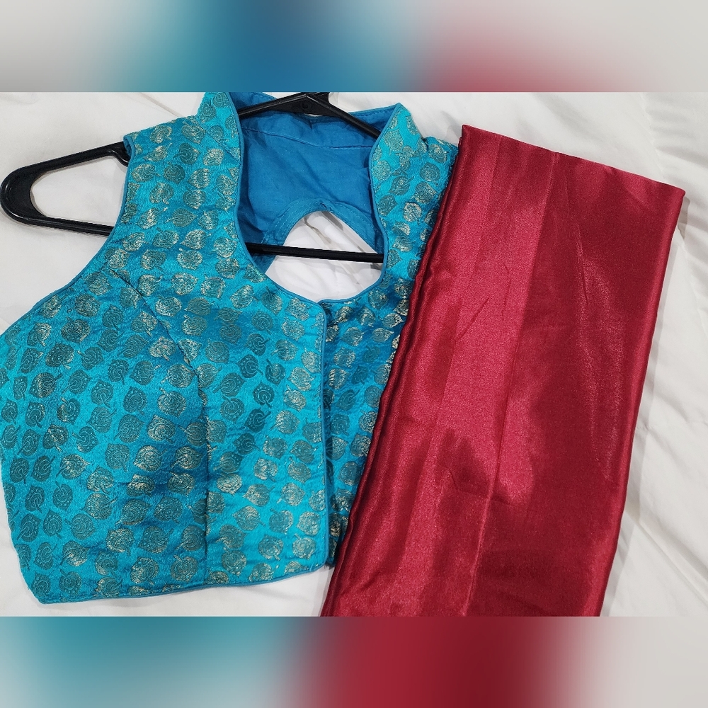 Blue and Red Brocade Blouse and Saree Set